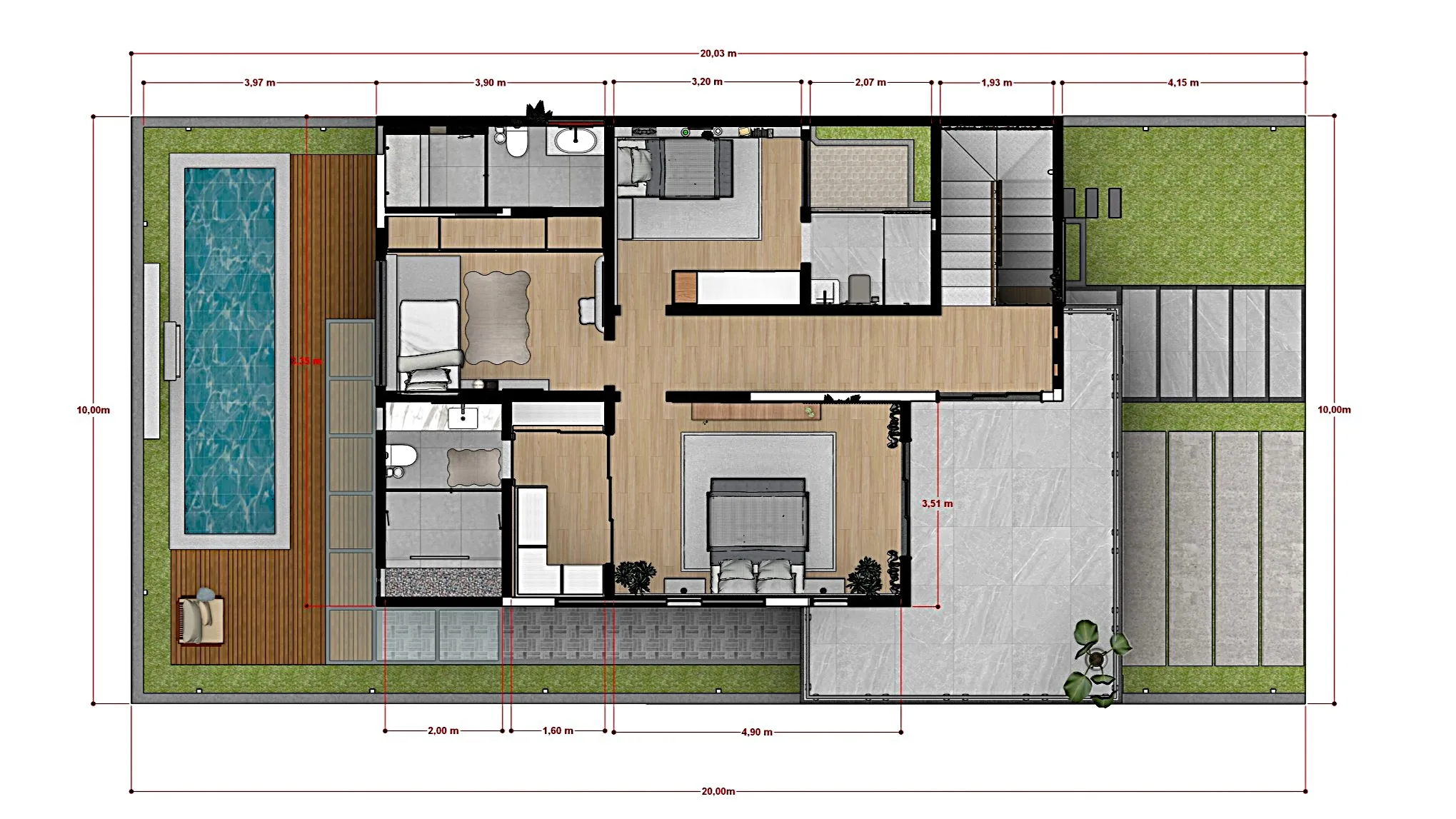 Planta baixa de sobrado 10x20 com 3 quartos