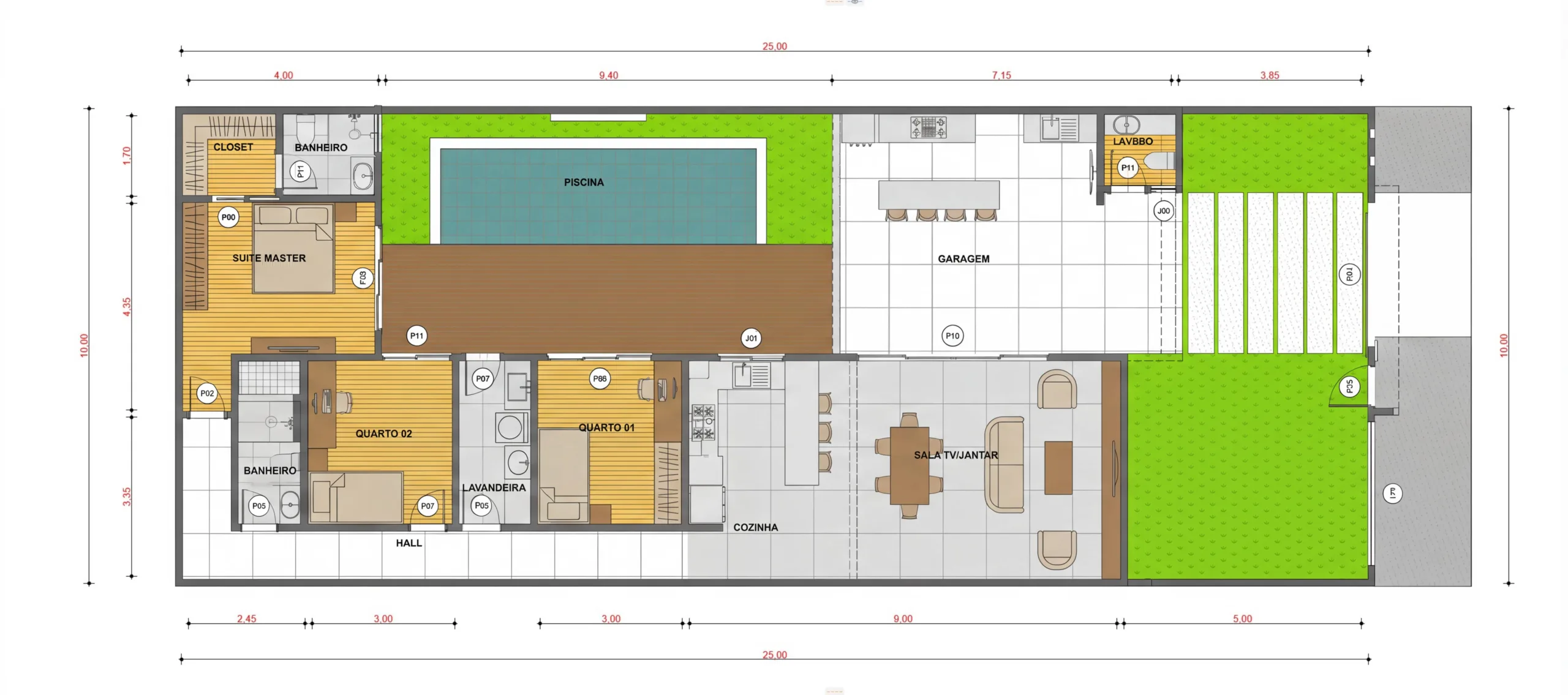 Planta baixa de casa térrea 10x25 com 3 quartos