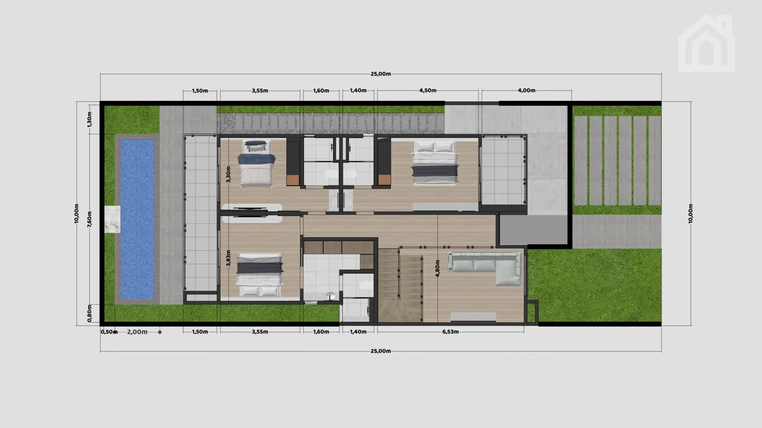 Planta baixa de sobrado 10x25 com 4 quartos