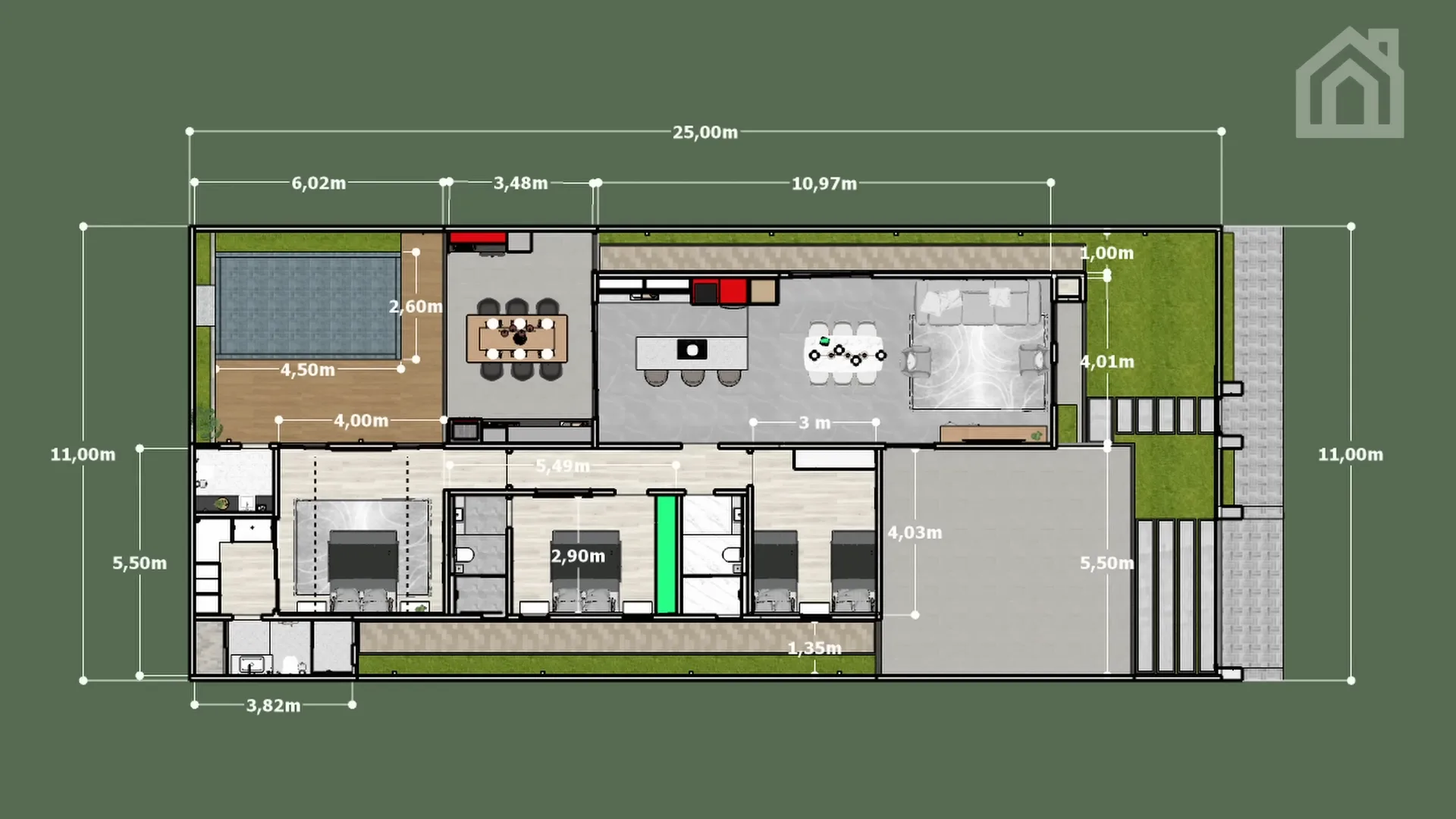 Planta baixa de casa térrea 11x25 com 3 quartos