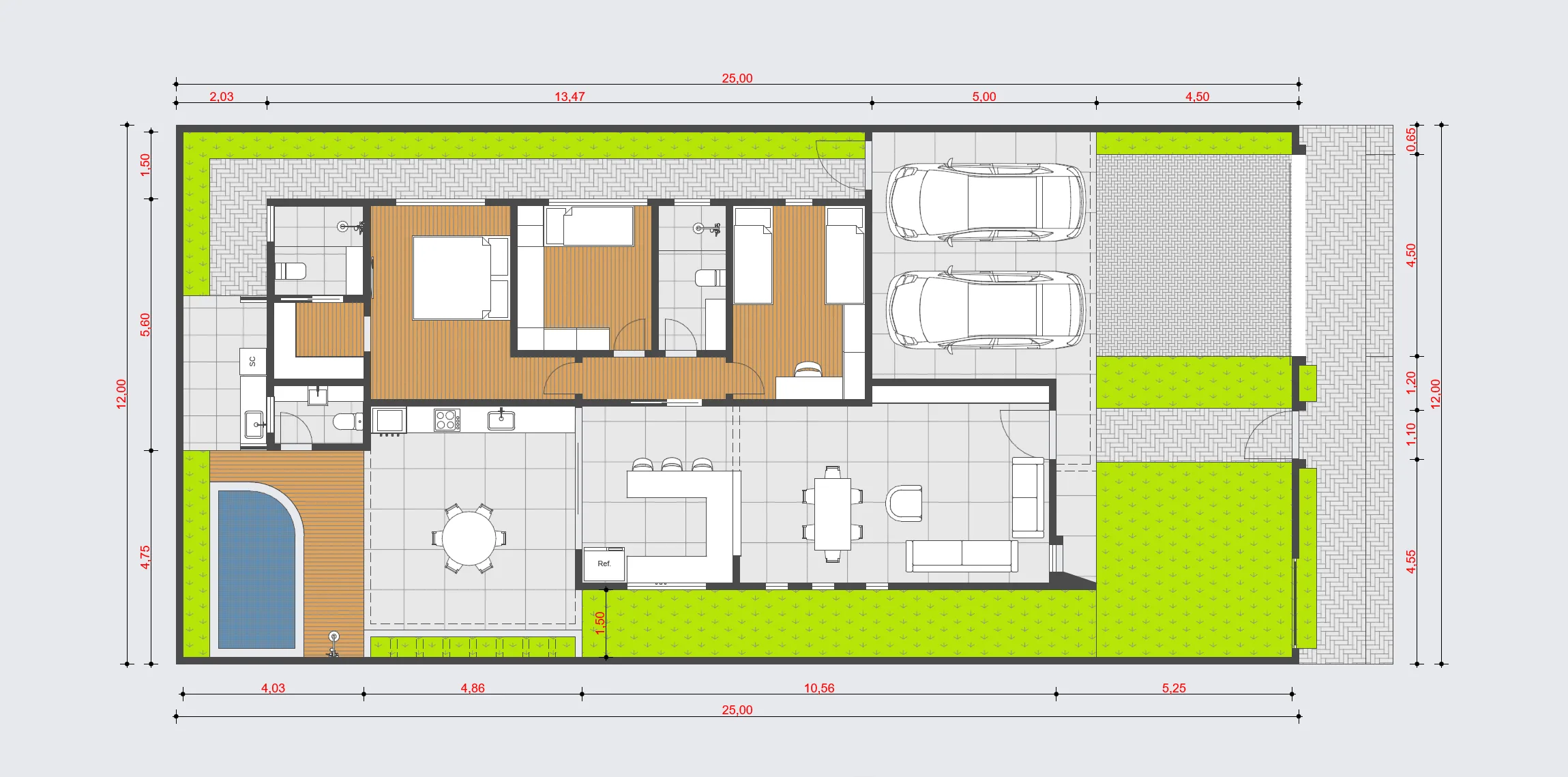 Planta baixa de casa térrea 12x25 com 3 quartos