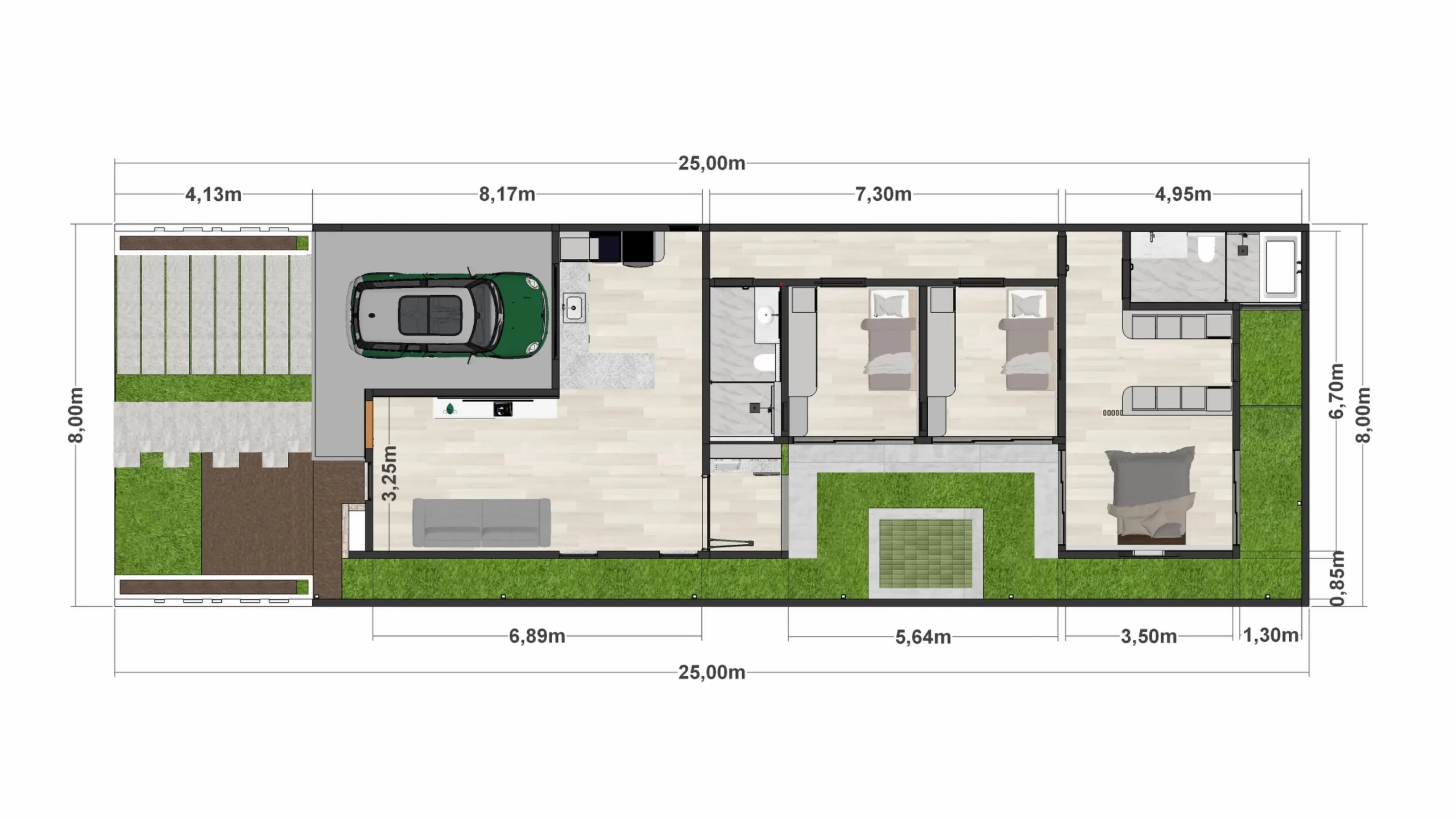Planta baixa de casa térrea 8x25 com 3 quartos