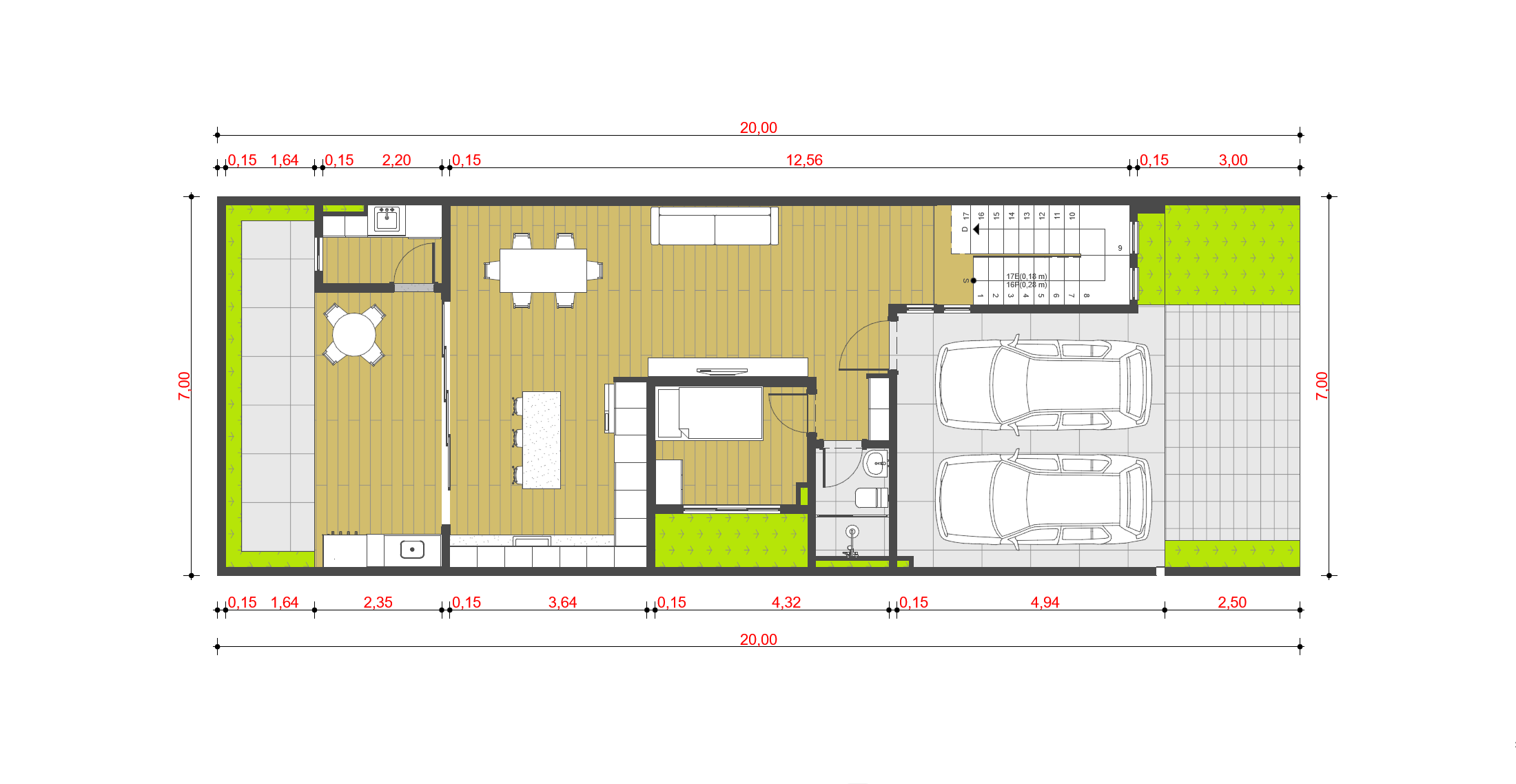 Planta baixa de sobrado 7x20 com 4 quartos – Pavimento 1
