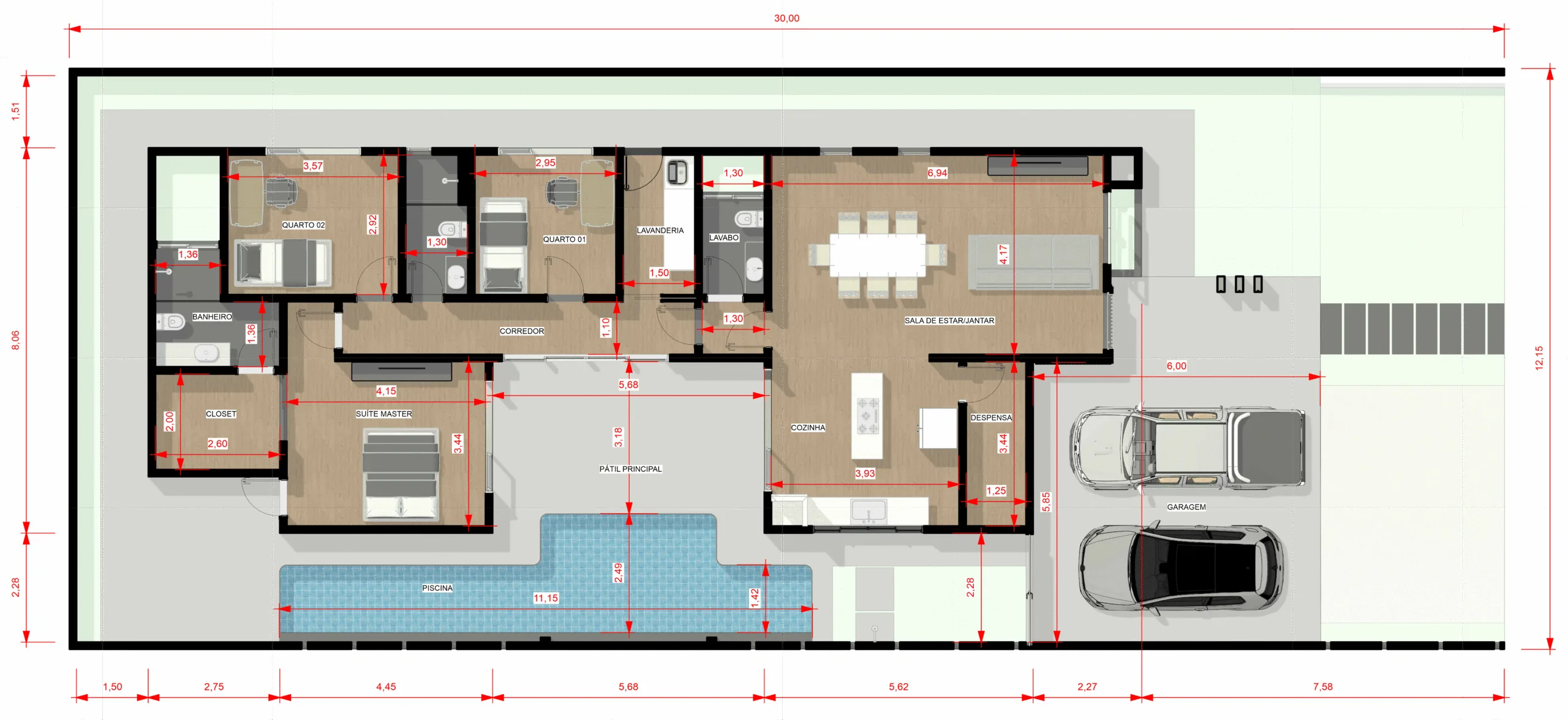 Planta baixa de casa térrea 12x30 com 3 quartos