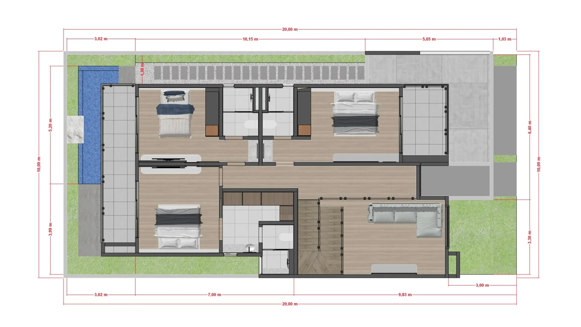 Planta baixa de sobrado 10x20 com 4 quartos