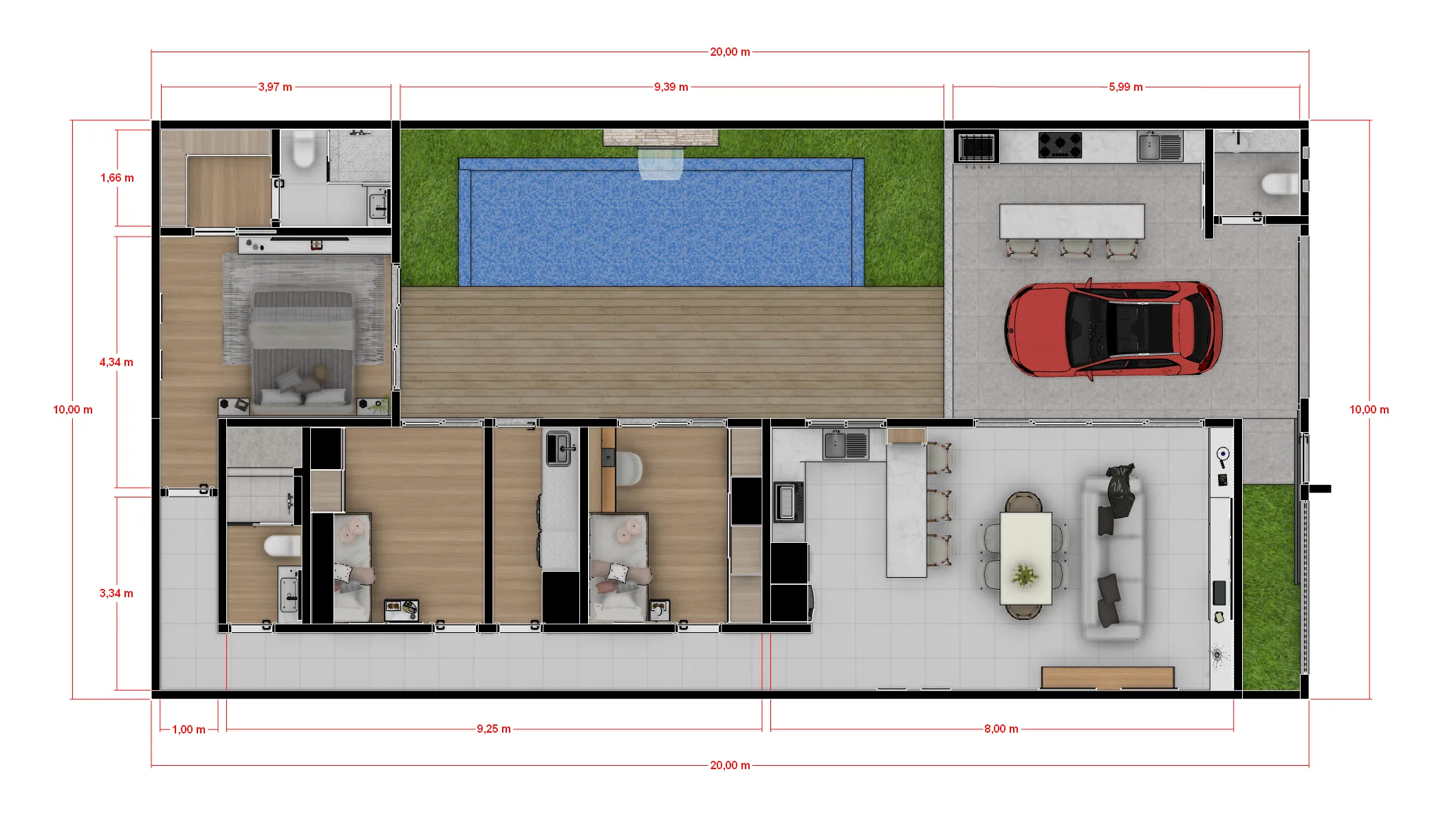 Planta baixa de casa térrea 10x20 com 3 quartos